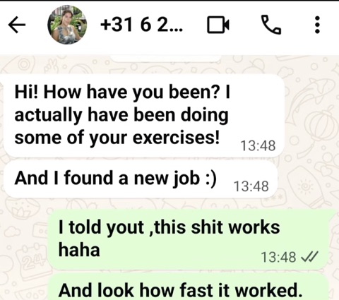 Client message: found a new job after doing the exercises